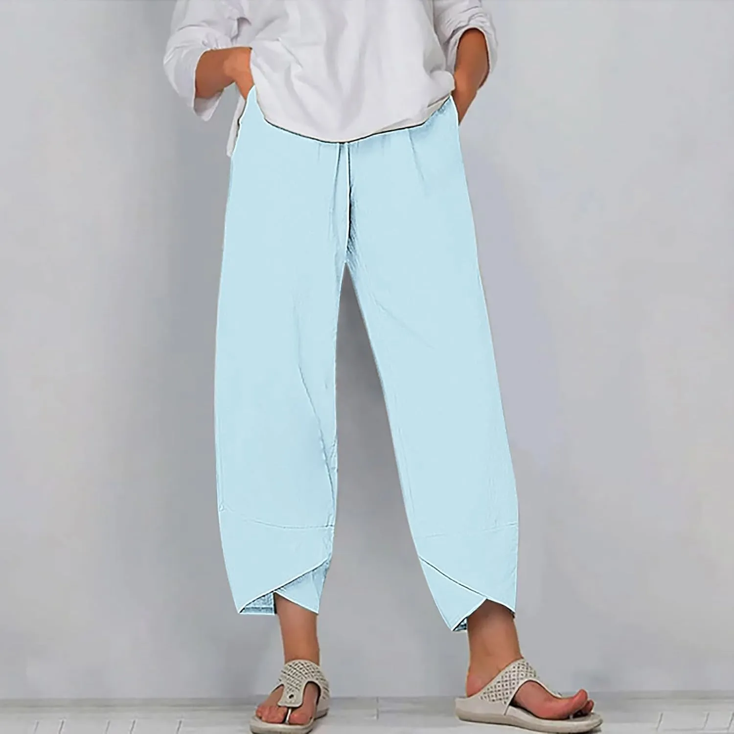 Cotton Linen Wide Leg Capri Pants for Women with Pockets 2025 Summer High Waist Dress Pant for Workout Casual Trousers