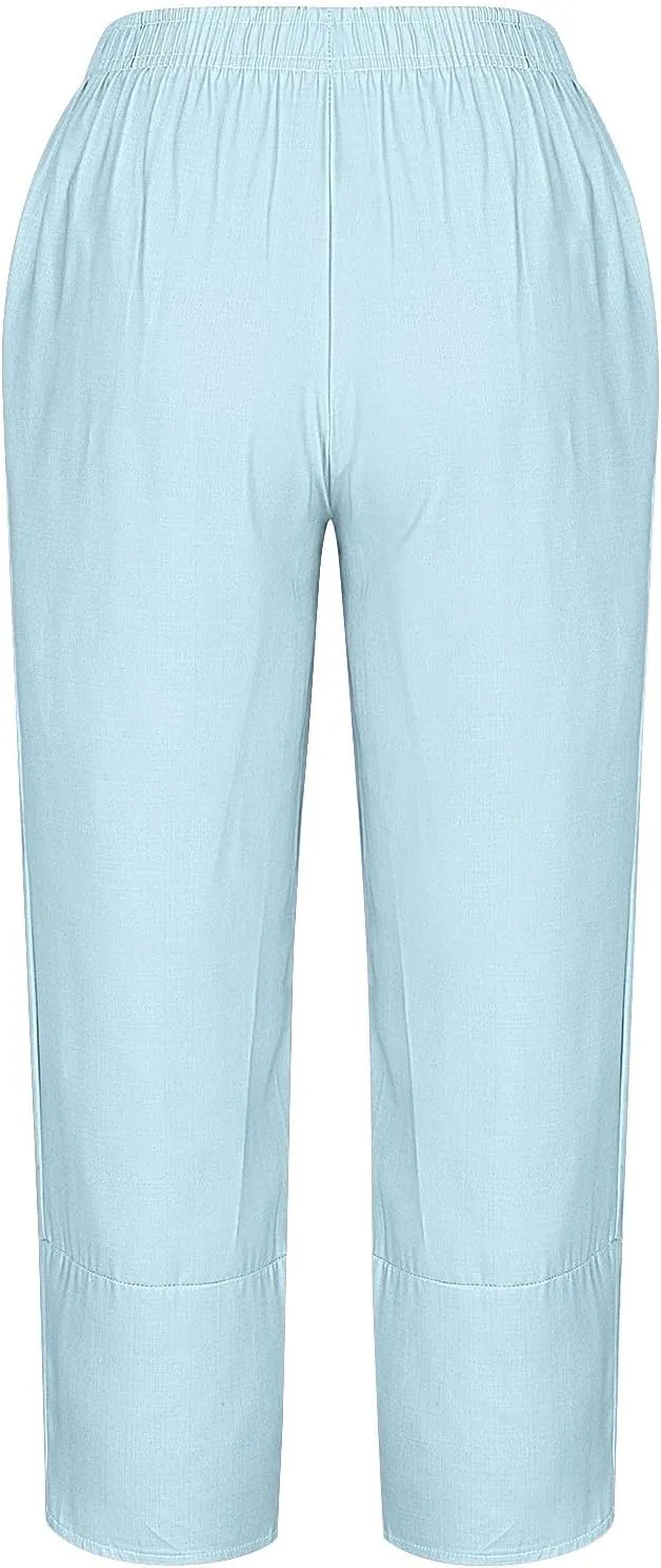 Cotton Linen Wide Leg Capri Pants for Women with Pockets 2025 Summer High Waist Dress Pant for Workout Casual Trousers