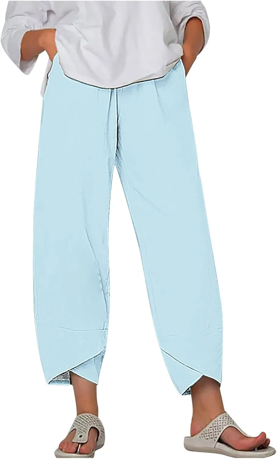 Cotton Linen Wide Leg Capri Pants for Women with Pockets 2025 Summer High Waist Dress Pant for Workout Casual Trousers