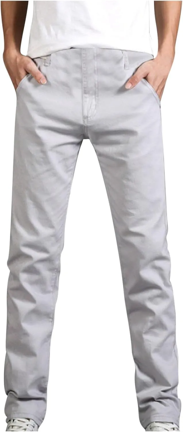 Cotton Men's Slim Fit Chino Pants Stretch Elastic Waist Casual Lightweight Daily Office Work Pockets