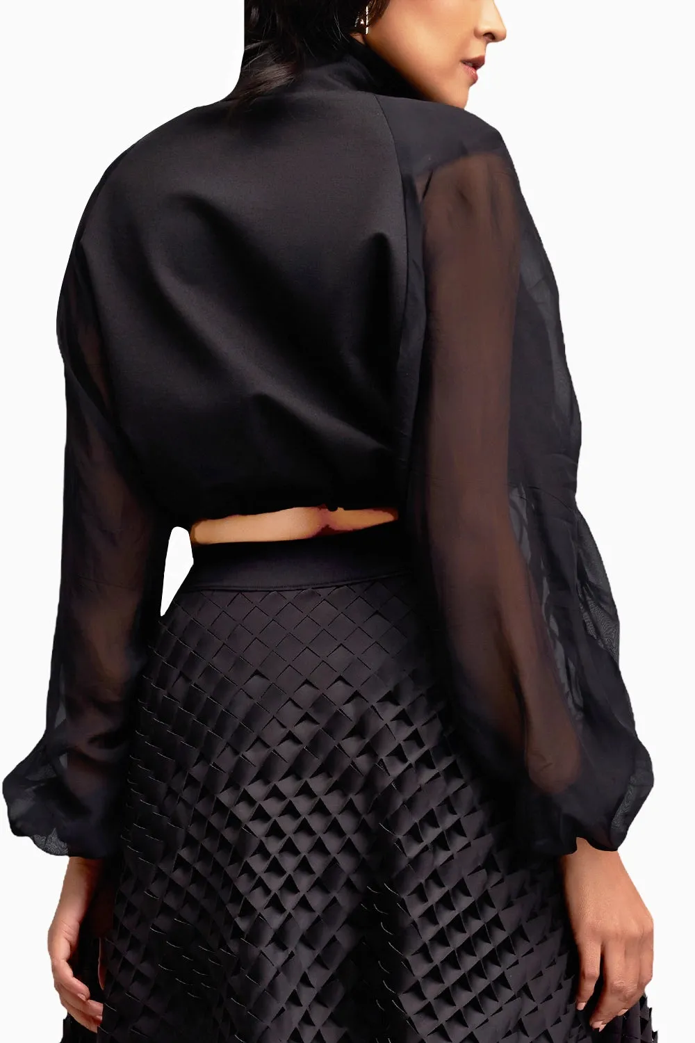 Cropped Bomber Black Jacket with Sheer Sleeves