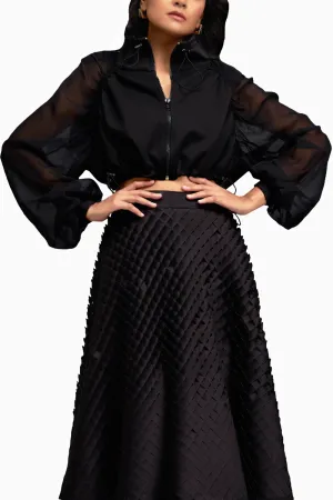 Cropped Bomber Black Jacket with Sheer Sleeves