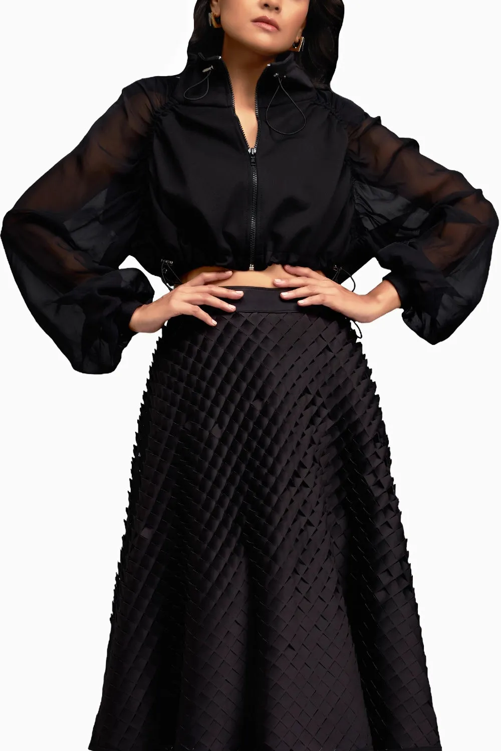 Cropped Bomber Black Jacket with Sheer Sleeves