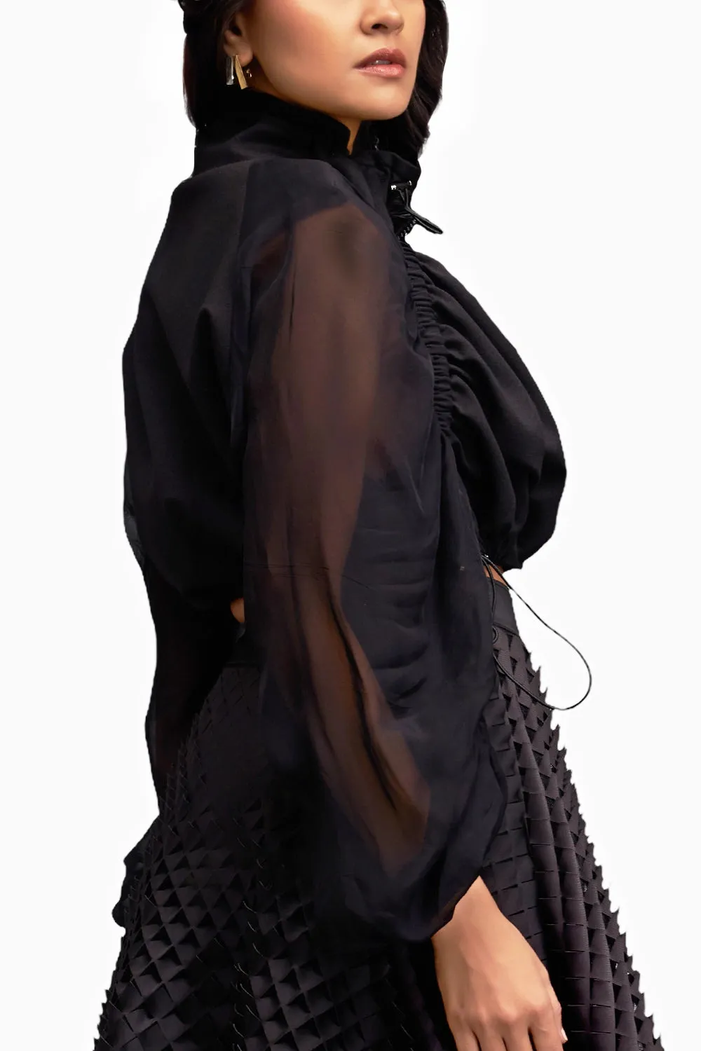 Cropped Bomber Black Jacket with Sheer Sleeves