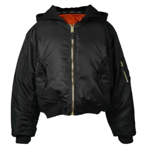 CROPPED DETACHABLE HOODED NYLON PADDE BOMBER JACKET / BLACK