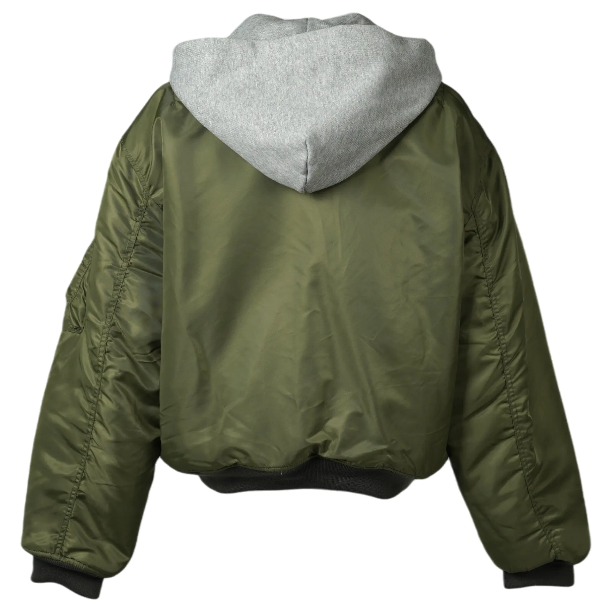 CROPPED DETACHABLE HOODED NYLON PADDE BOMBER JACKET / OLIVE DRAD