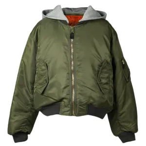 CROPPED DETACHABLE HOODED NYLON PADDE BOMBER JACKET / OLIVE DRAD