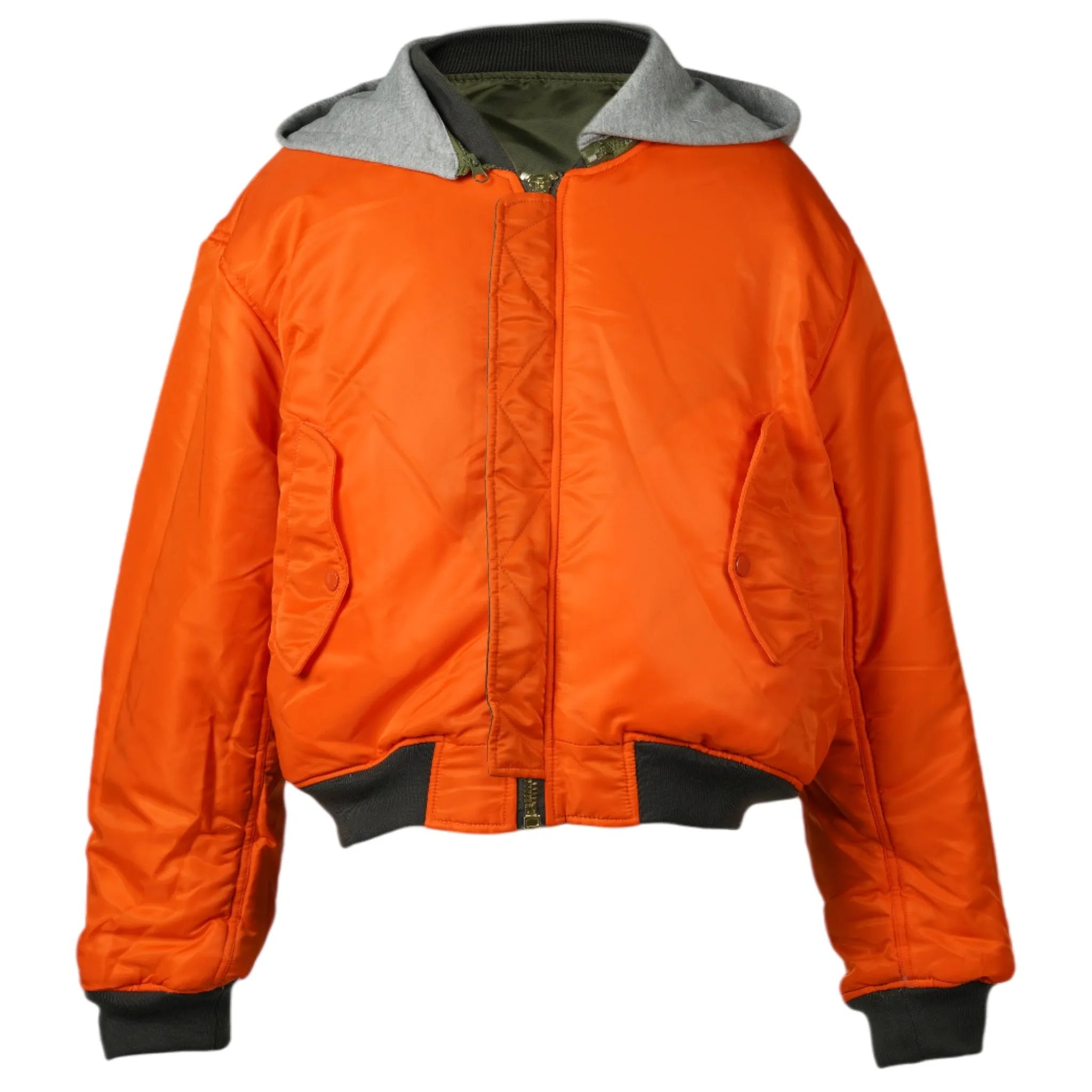 CROPPED DETACHABLE HOODED NYLON PADDE BOMBER JACKET / OLIVE DRAD