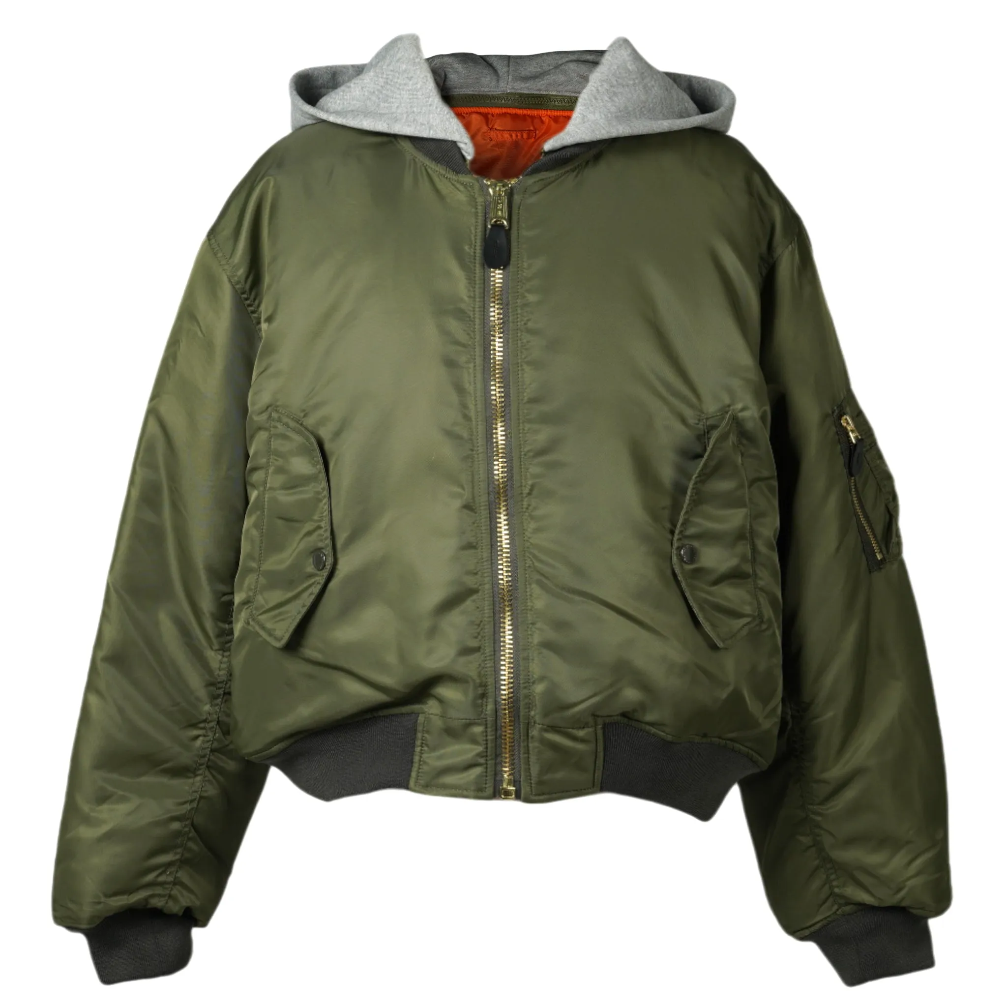 CROPPED DETACHABLE HOODED NYLON PADDE BOMBER JACKET / OLIVE DRAD