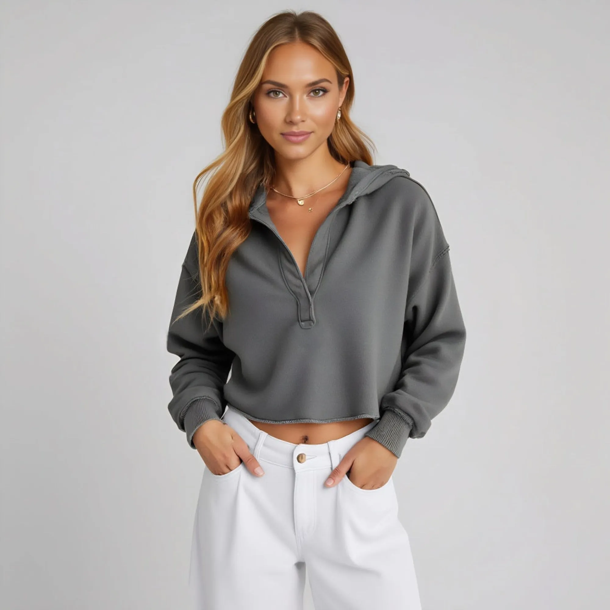 Cropped Long Sleeve Pullover with Collar and Raw Edge Hem