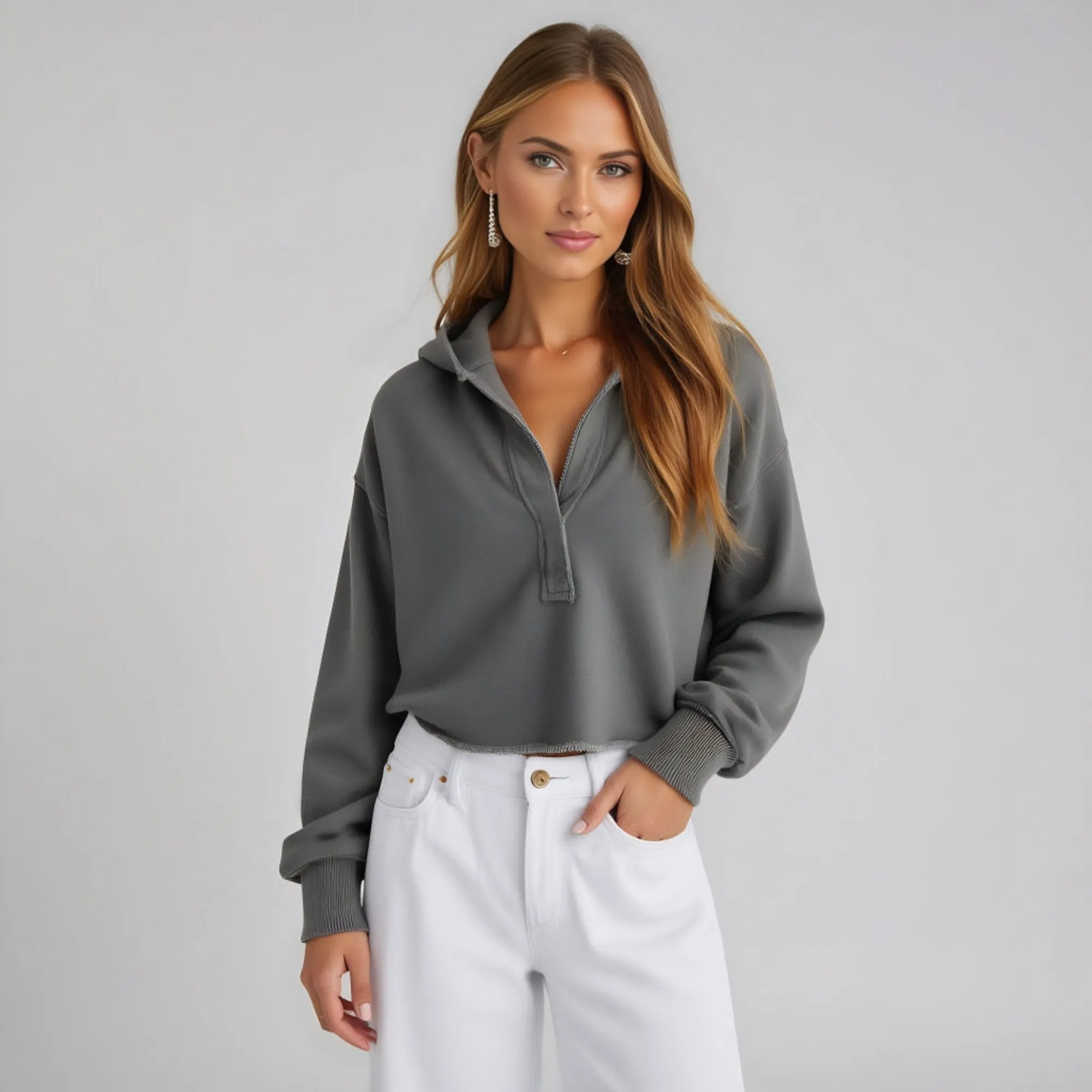 Cropped Long Sleeve Pullover with Collar and Raw Edge Hem