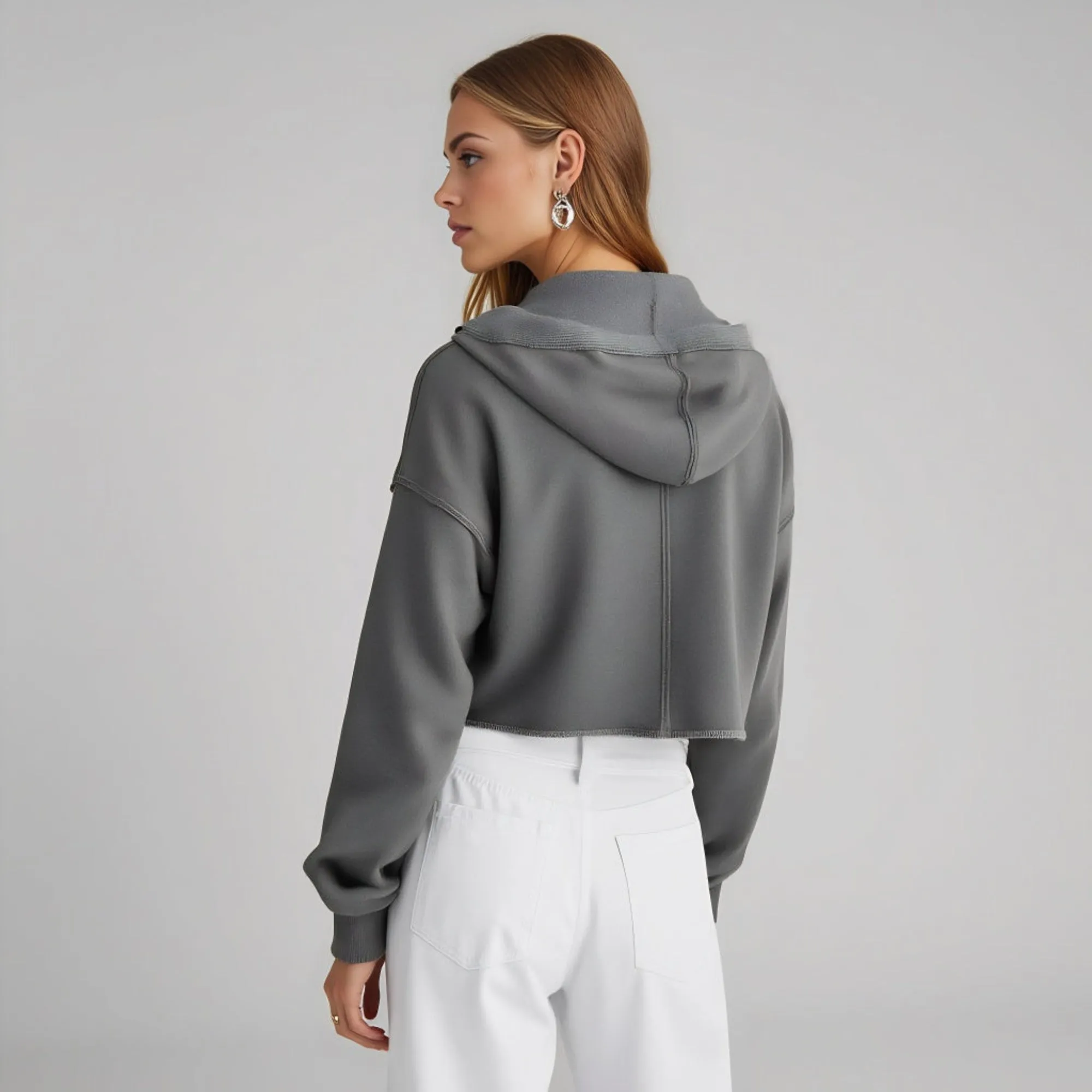 Cropped Long Sleeve Pullover with Collar and Raw Edge Hem