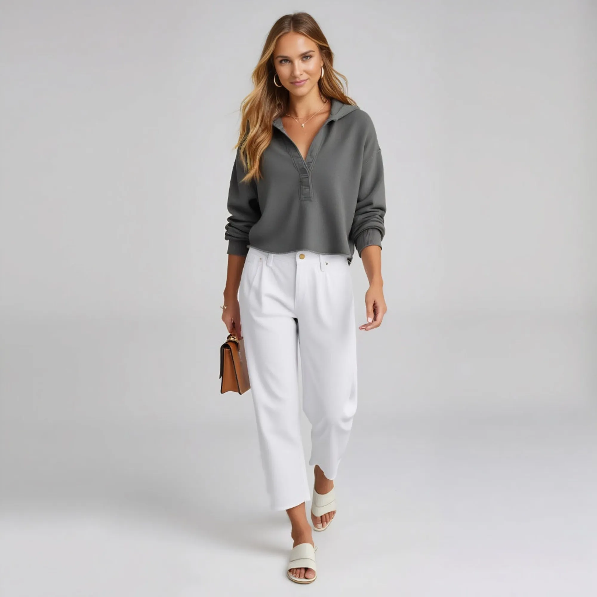 Cropped Long Sleeve Pullover with Collar and Raw Edge Hem