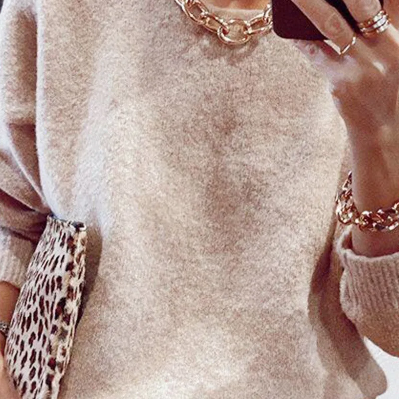 Cross-border autumn and winter new products khaki warm outerwear tops women's mohair versatile crew neck knitted sweater wholesale