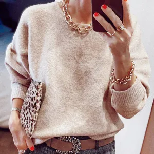 Cross-border autumn and winter new products khaki warm outerwear tops women's mohair versatile crew neck knitted sweater wholesale
