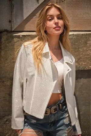 Crystal Studded Stretch Zip Up White Moto Jacket