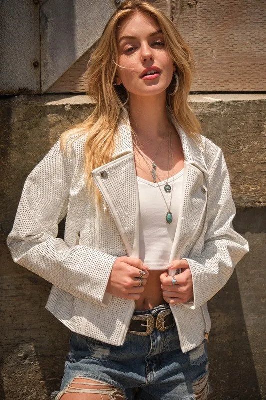 Crystal Studded Stretch Zip Up White Moto Jacket