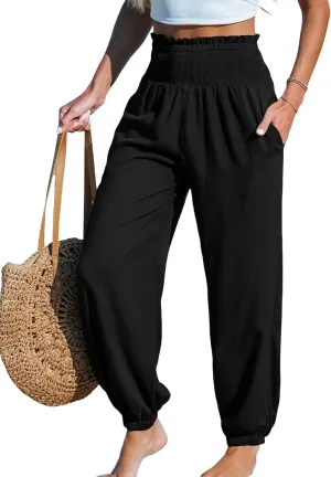 CUPSHE Women Pants Smocked Pockets Waist Wide Leg Ruffle Loose Fit Pant Casual Beach