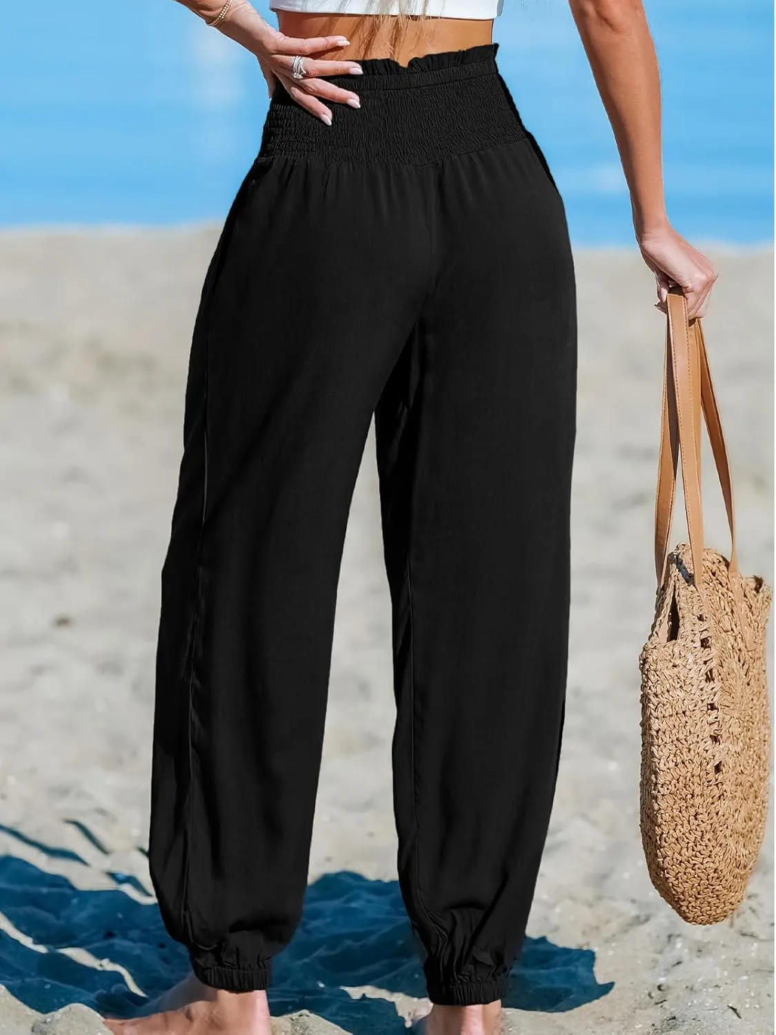 CUPSHE Women Pants Smocked Pockets Waist Wide Leg Ruffle Loose Fit Pant Casual Beach