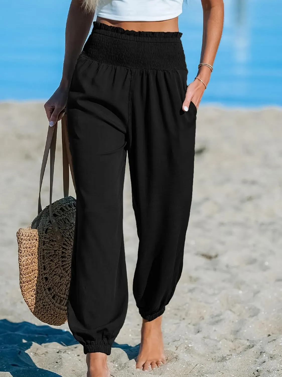 CUPSHE Women Pants Smocked Pockets Waist Wide Leg Ruffle Loose Fit Pant Casual Beach