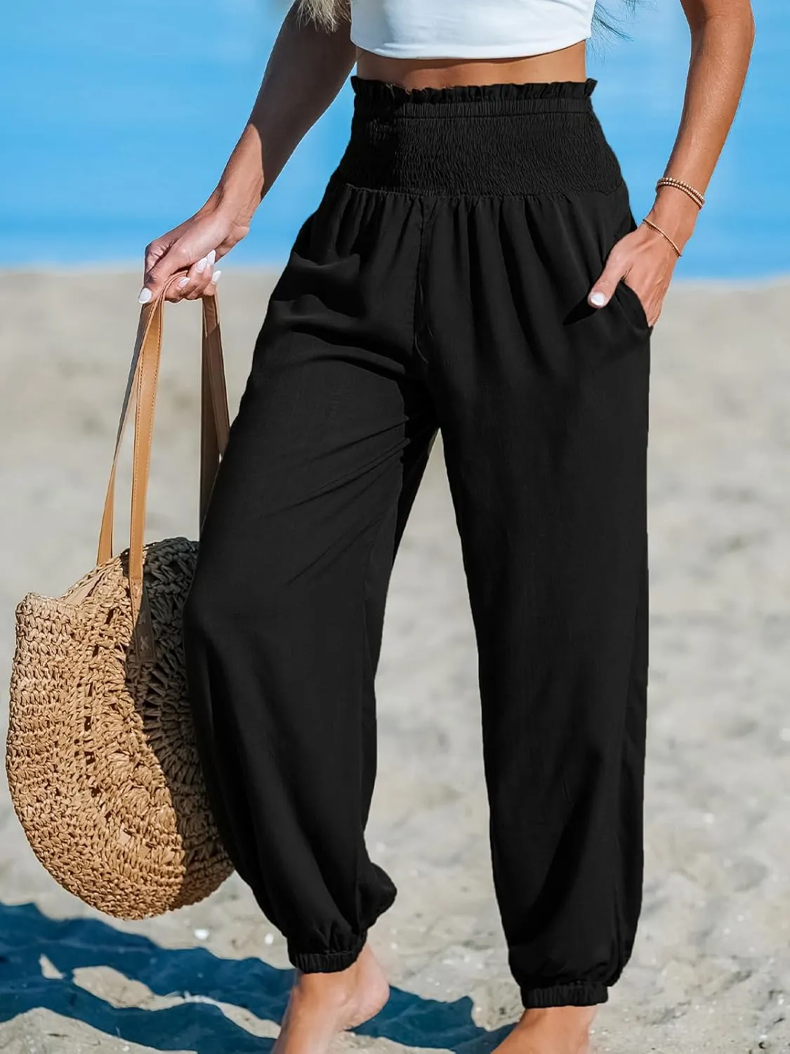 CUPSHE Women Pants Smocked Pockets Waist Wide Leg Ruffle Loose Fit Pant Casual Beach