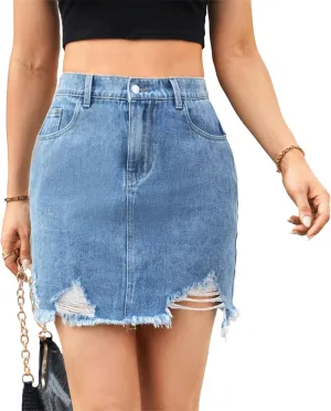Denim Skirt for Women Y2K Distressed Ripped Mini Jean Skirt High Waisted Cute Vintage Summer Frayed Hem Skirt
