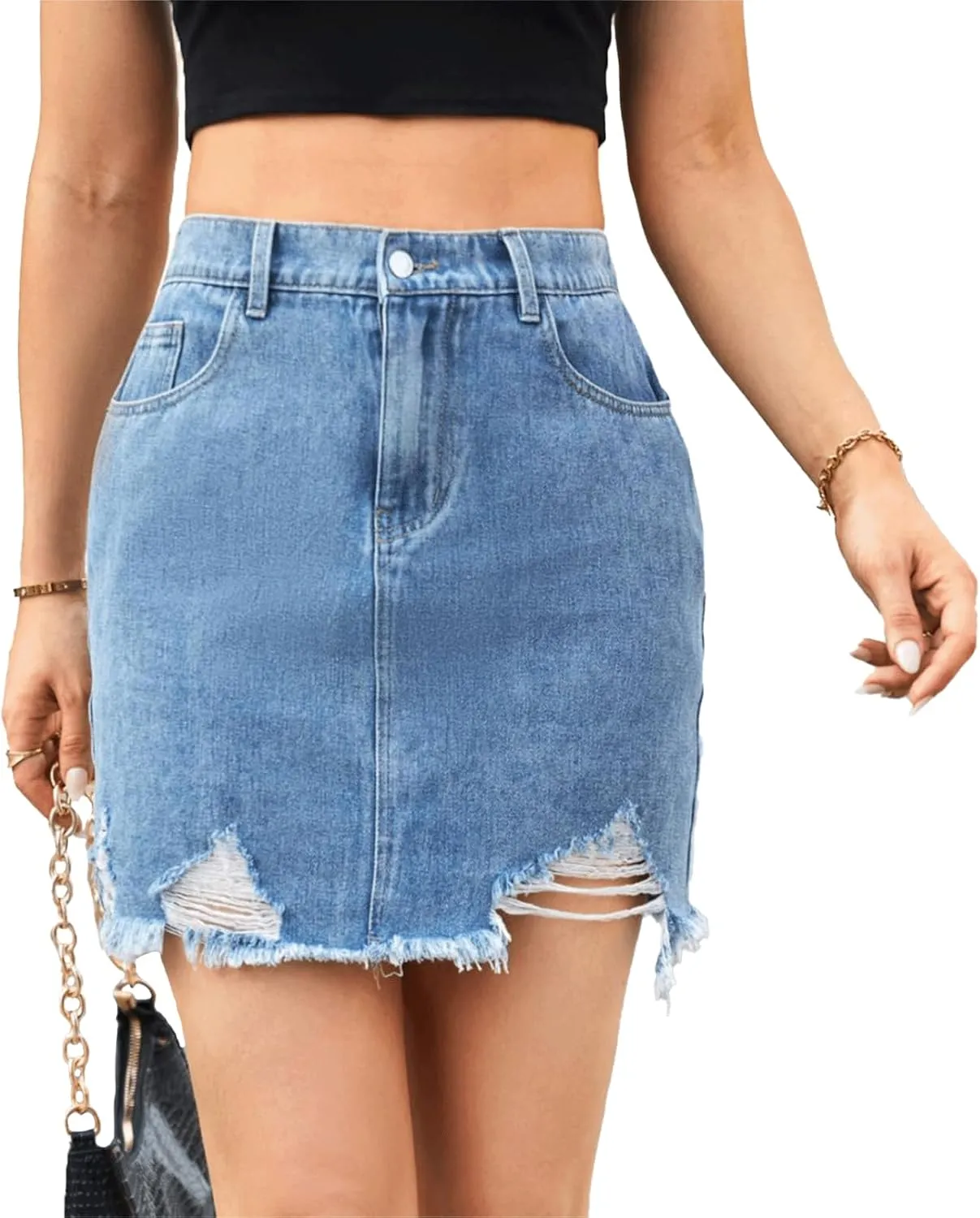 Denim Skirt for Women Y2K Distressed Ripped Mini Jean Skirt High Waisted Cute Vintage Summer Frayed Hem Skirt