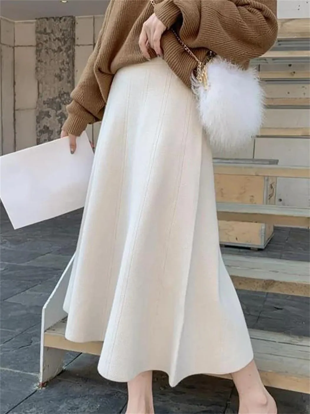 Dvbfufv Long Knitted Skirt Women Autumn Winter Midi Skirts Female Elegant Pleated Skirt Ladies Casual Loose A-Line Skirts