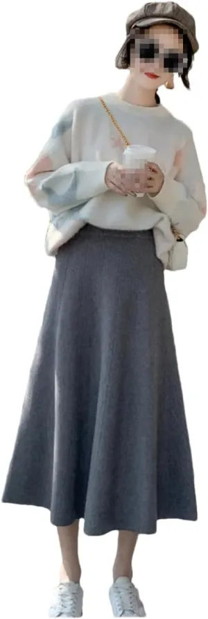 Dvbfufv Long Knitted Skirt Women Autumn Winter Midi Skirts Female Elegant Pleated Skirt Ladies Casual Loose A-Line Skirts