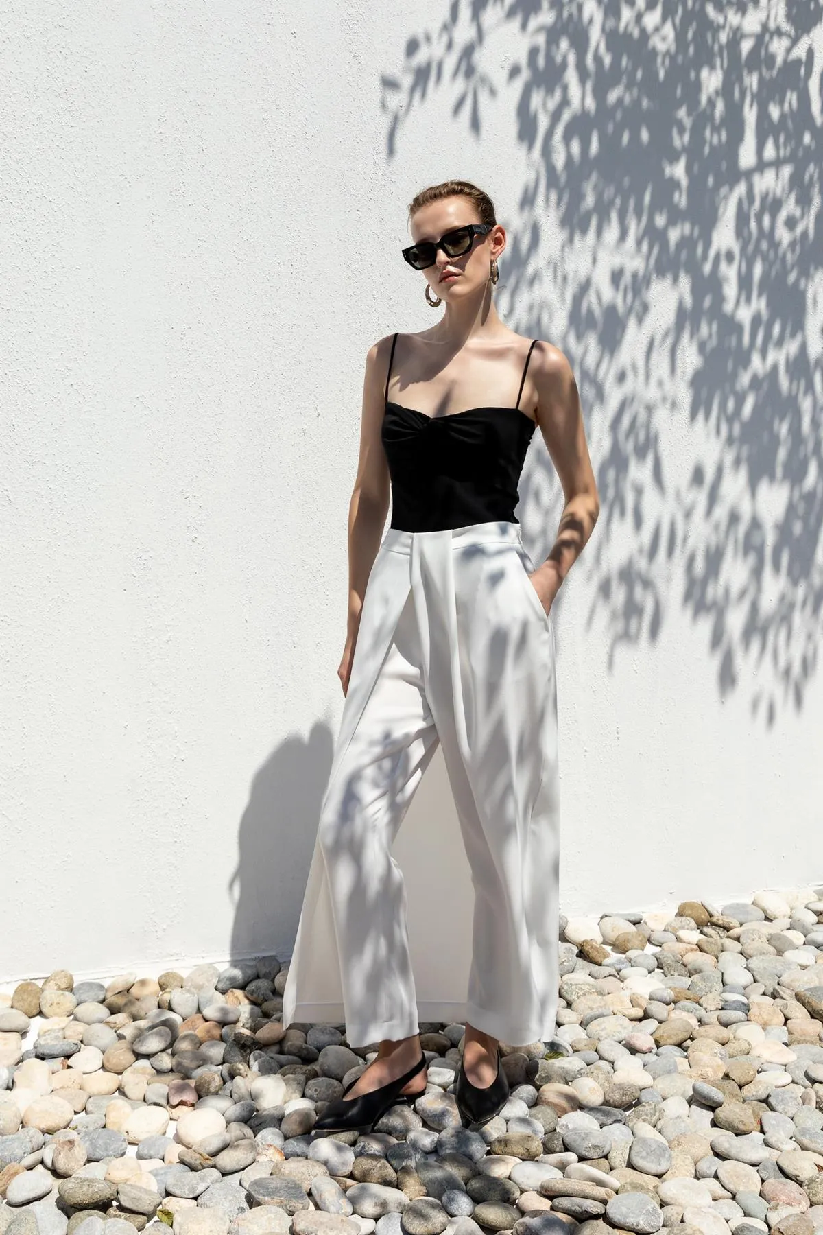 Ecru Slit Trousers with Sash Belt
