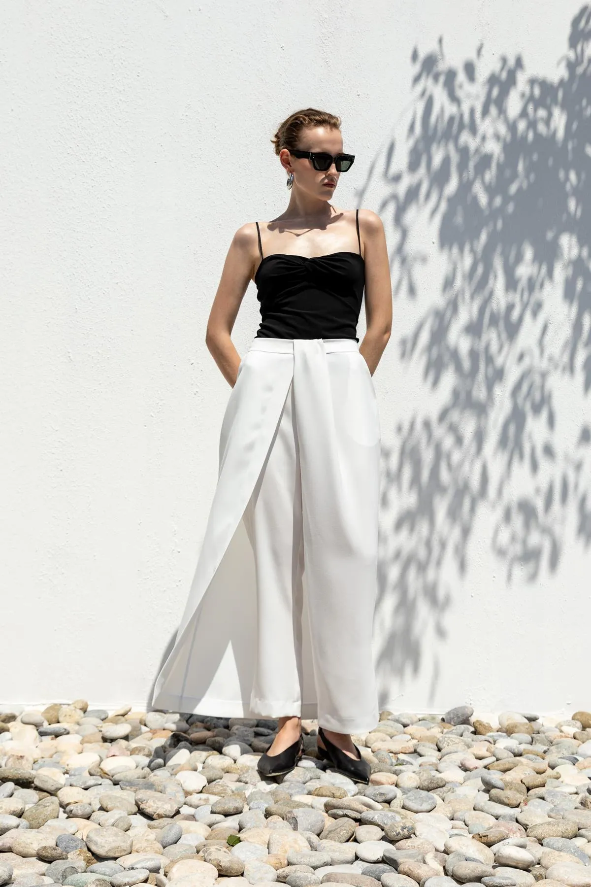 Ecru Slit Trousers with Sash Belt