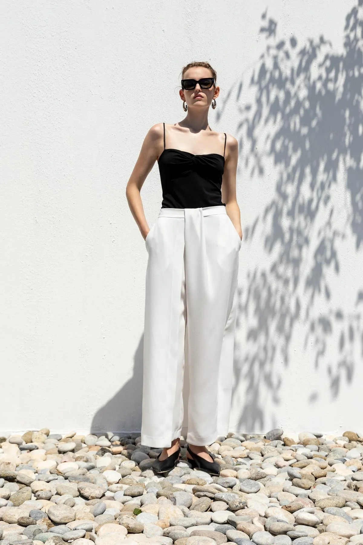 Ecru Slit Trousers with Sash Belt