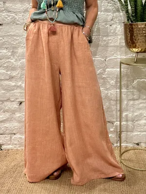 Eden E29 Premium Linen palazzo Long Wide Trousers With Pockets and Soft Stretch Fabric Waist Band