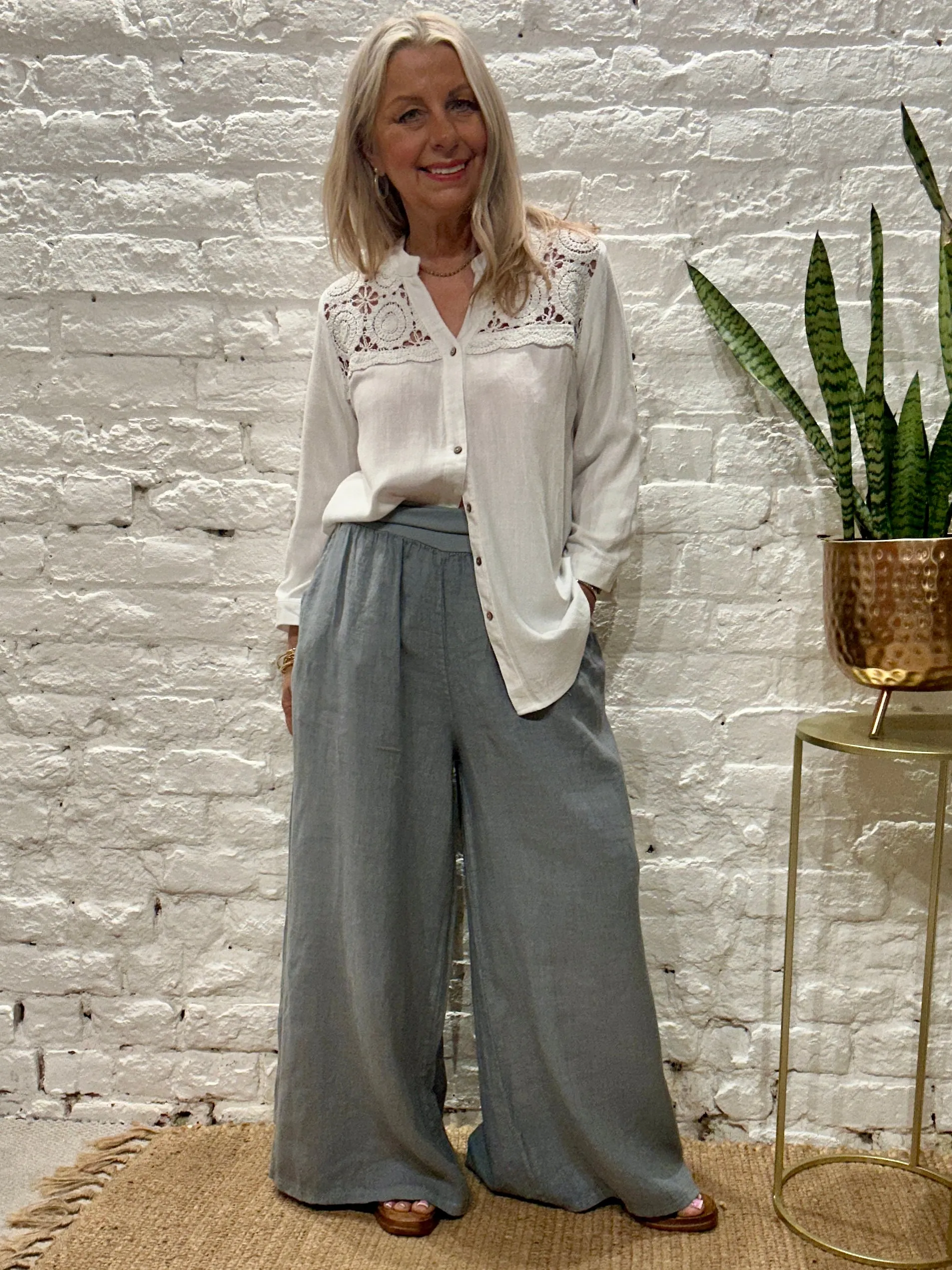 Eden E29 Premium Linen palazzo Long Wide Trousers With Pockets and Soft Stretch Fabric Waist Band