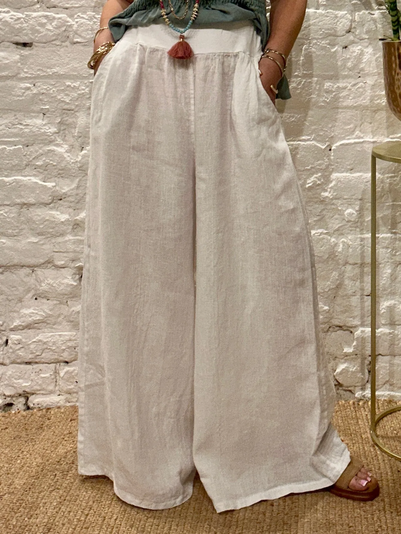 Eden E29 Premium Linen palazzo Long Wide Trousers With Pockets and Soft Stretch Fabric Waist Band