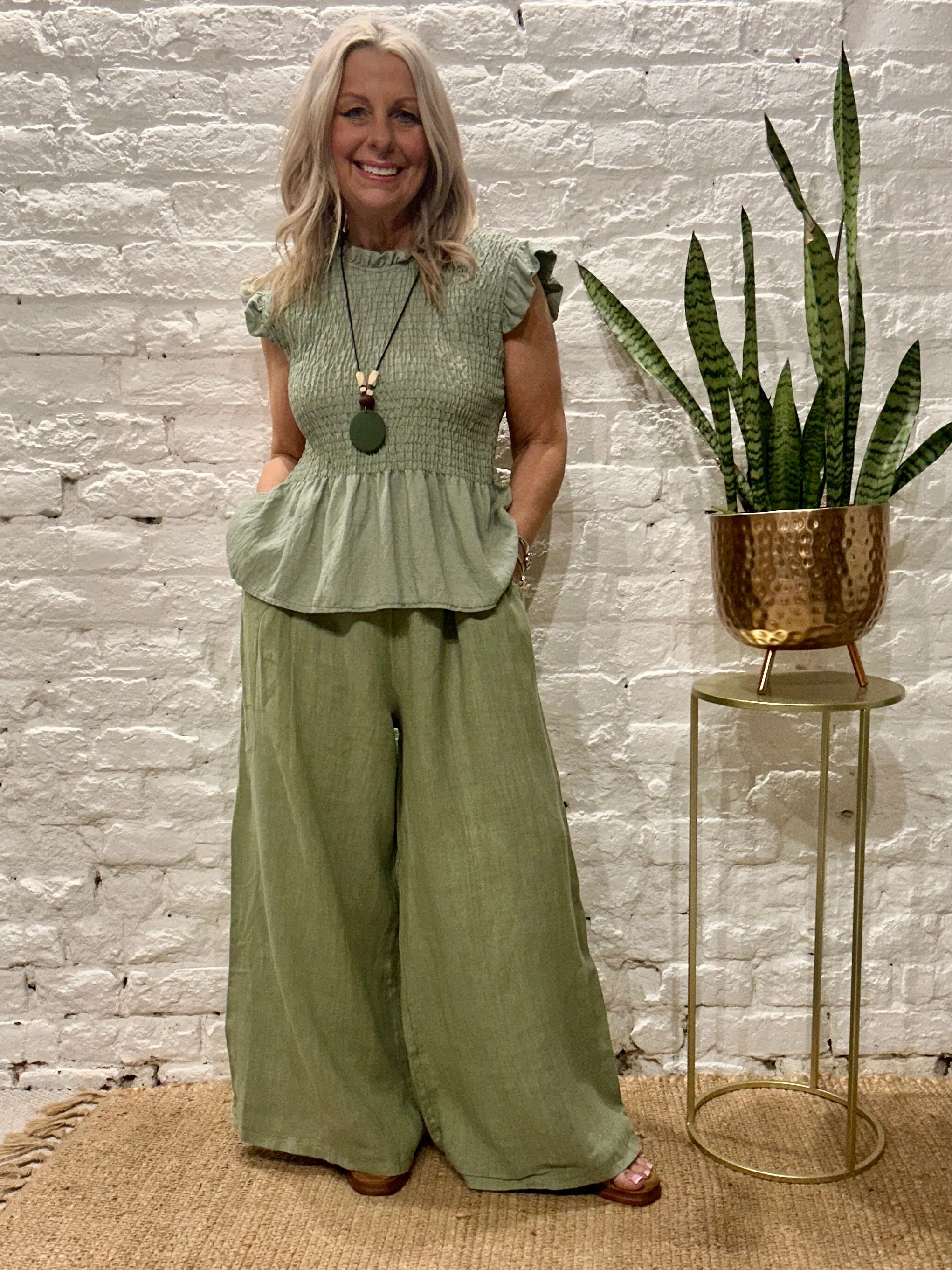 Eden E29 Premium Linen palazzo Long Wide Trousers With Pockets and Soft Stretch Fabric Waist Band