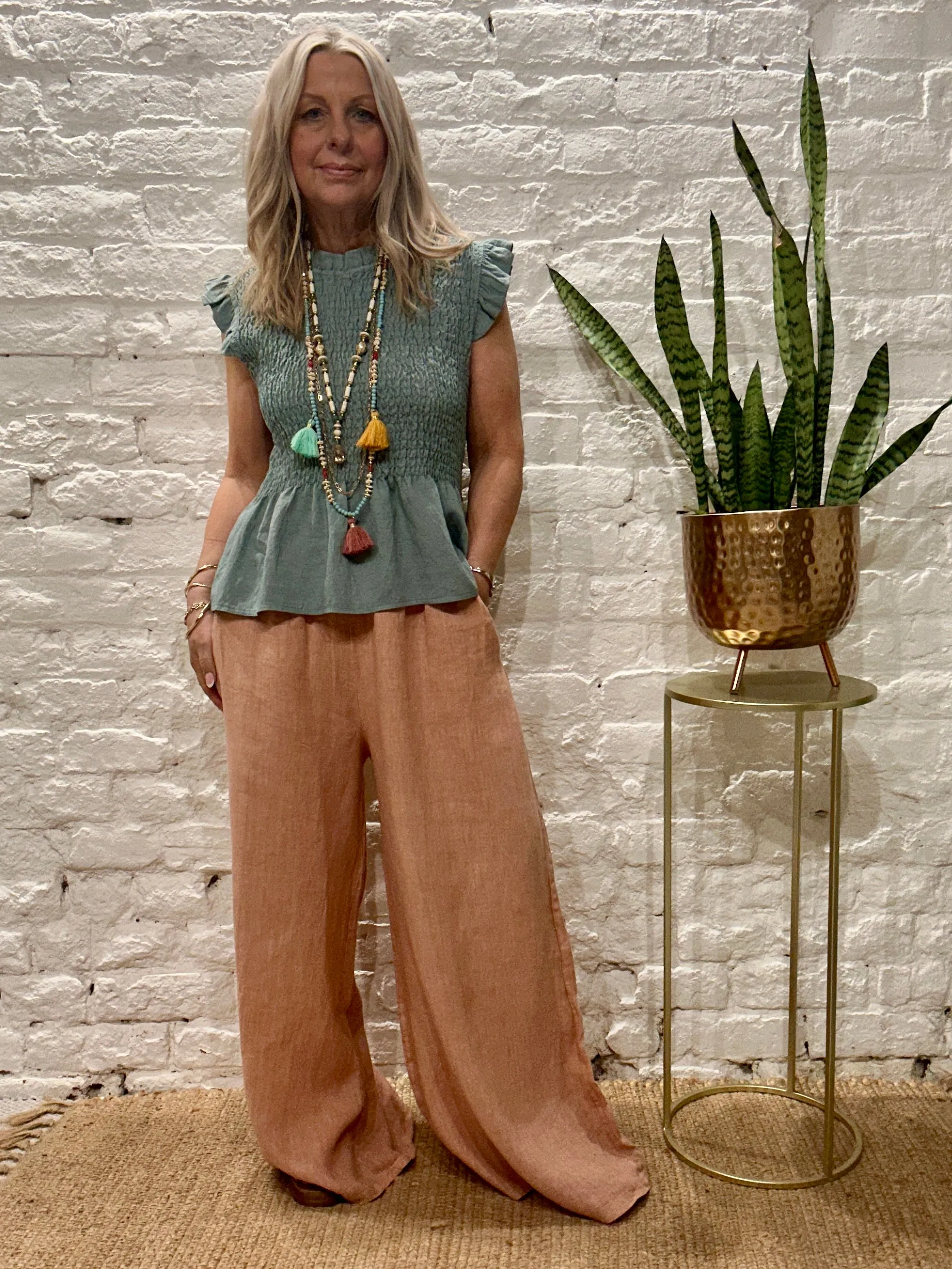 Eden E29 Premium Linen palazzo Long Wide Trousers With Pockets and Soft Stretch Fabric Waist Band