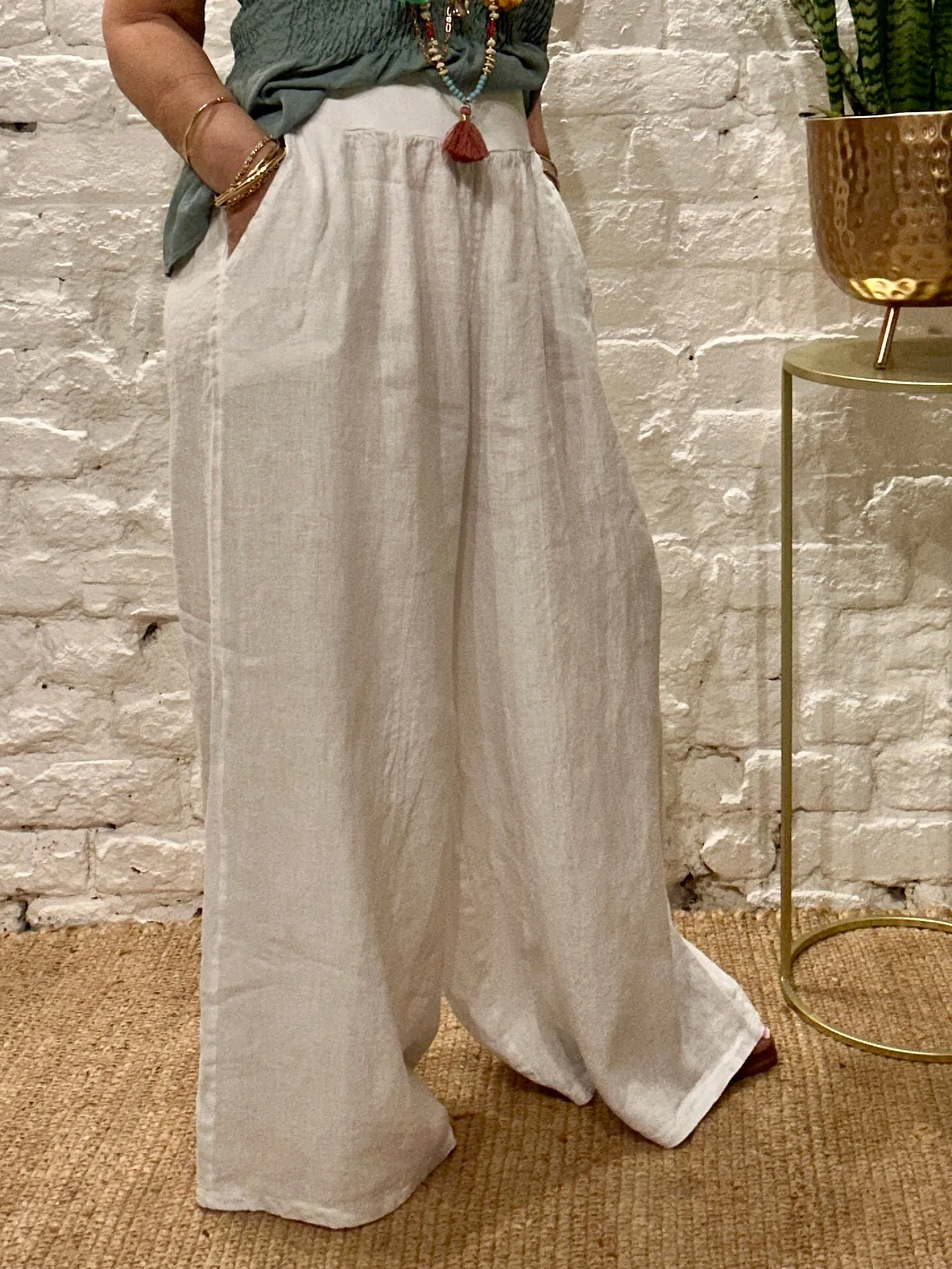 Eden E29 Premium Linen palazzo Long Wide Trousers With Pockets and Soft Stretch Fabric Waist Band