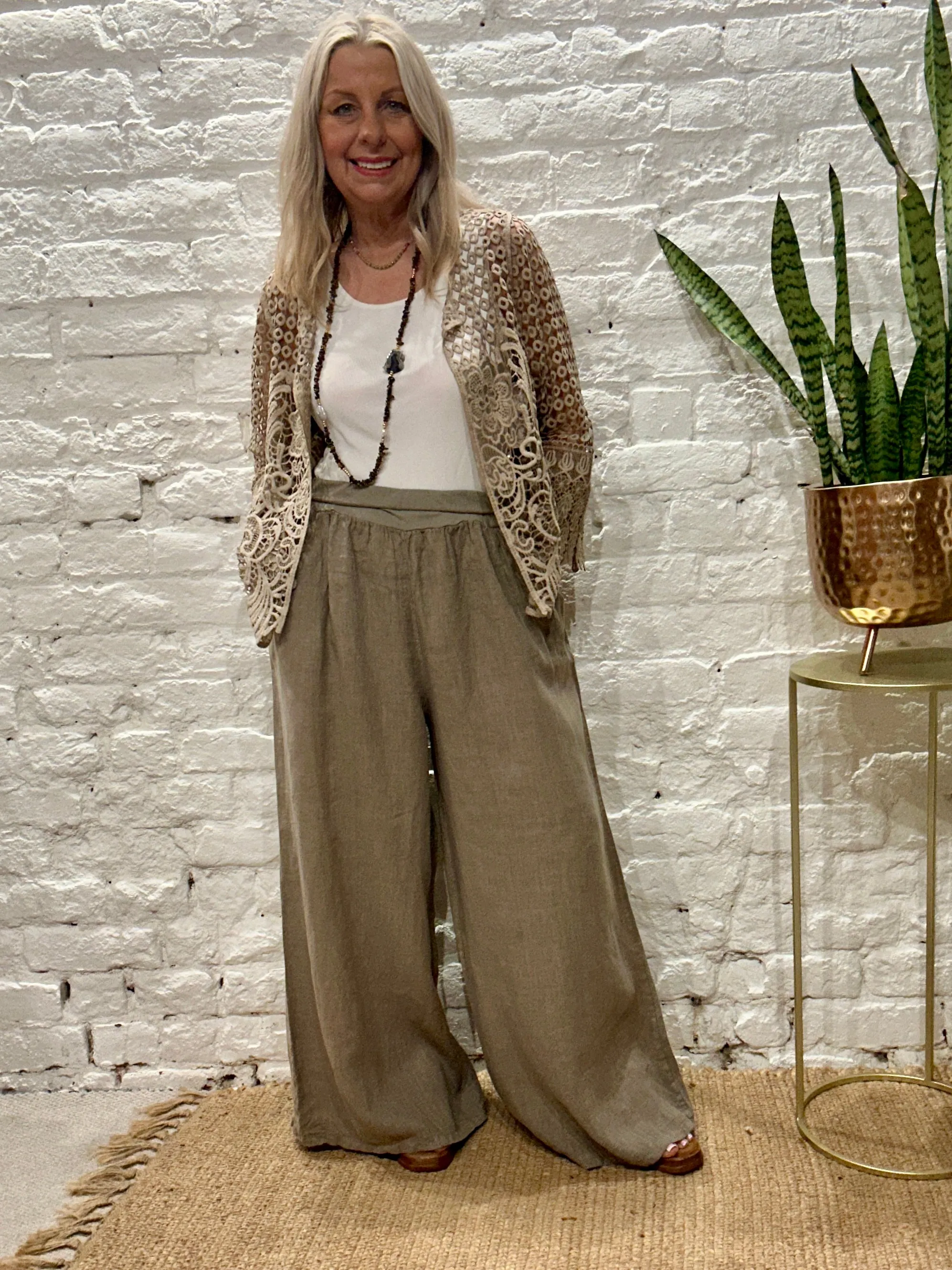 Eden E29 Premium Linen palazzo Long Wide Trousers With Pockets and Soft Stretch Fabric Waist Band