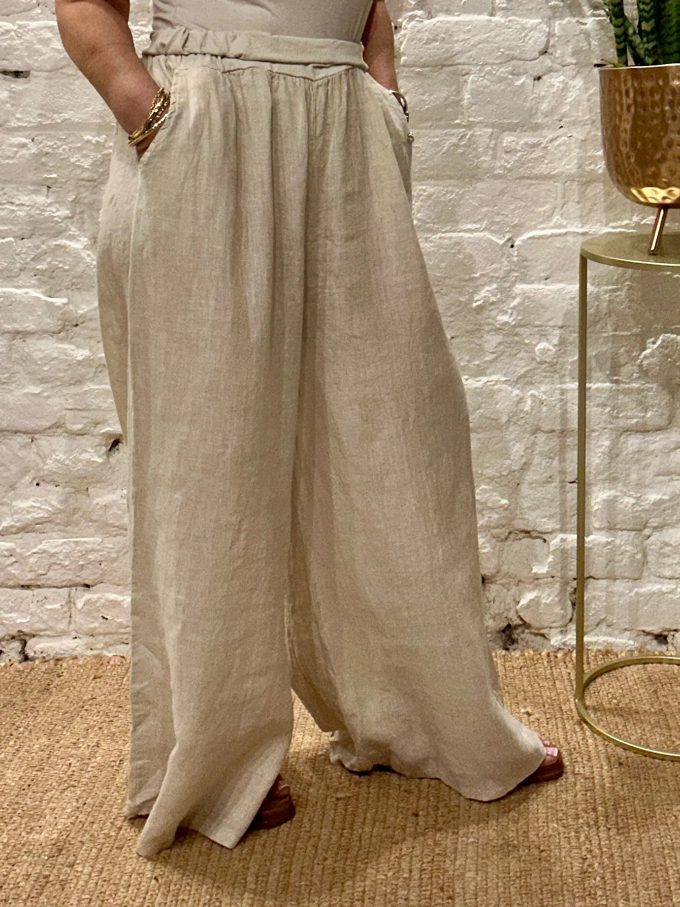 Eden E29 Premium Linen palazzo Long Wide Trousers With Pockets and Soft Stretch Fabric Waist Band