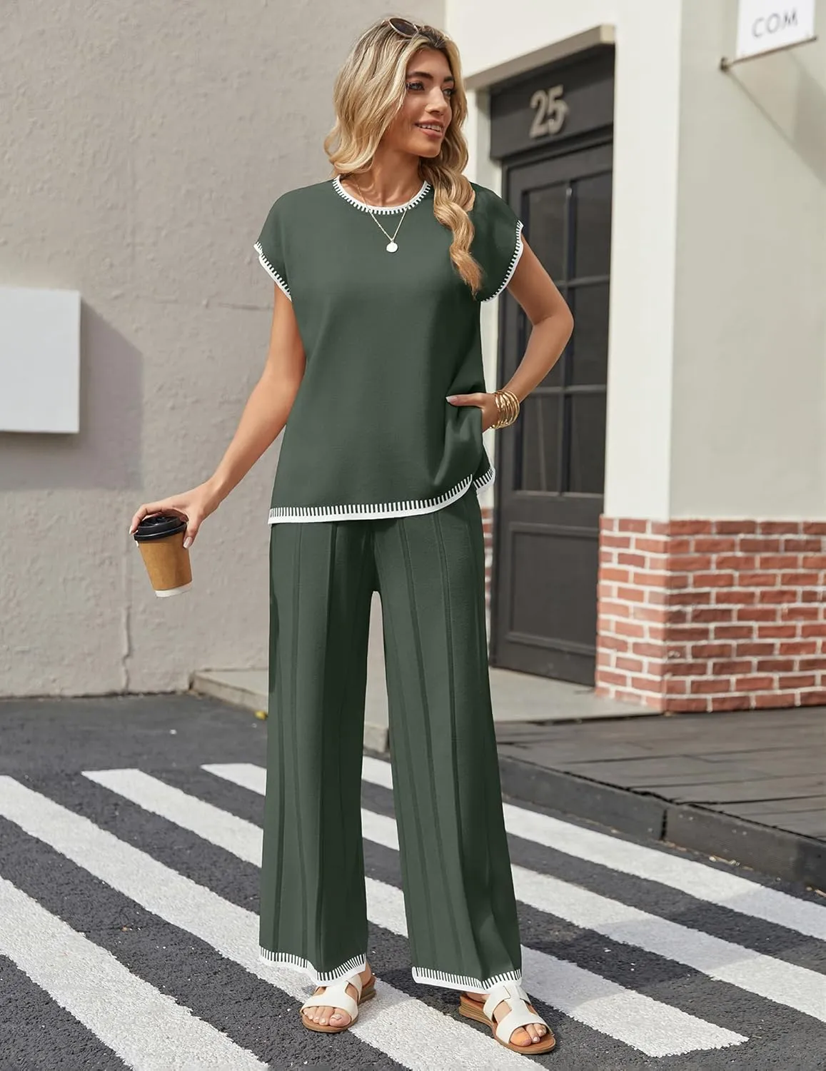 Ekouaer 2 Pieces Outfits for Women Tracksuit Pullover Top and Wide Leg Pants Knit Matching Set Loungewear
