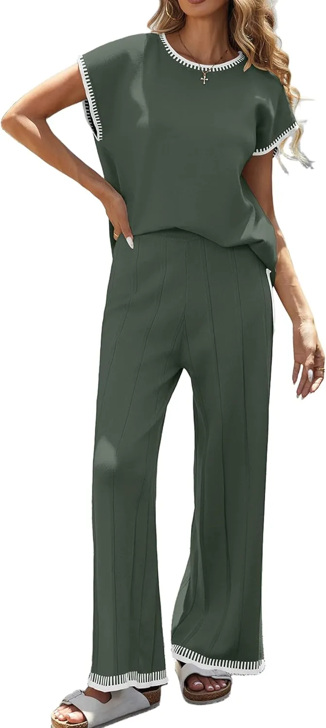 Ekouaer 2 Pieces Outfits for Women Tracksuit Pullover Top and Wide Leg Pants Knit Matching Set Loungewear