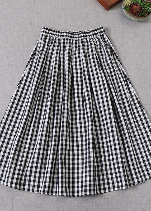 Elegant Black White Plaid wrinkled Pockets Fall Skirt