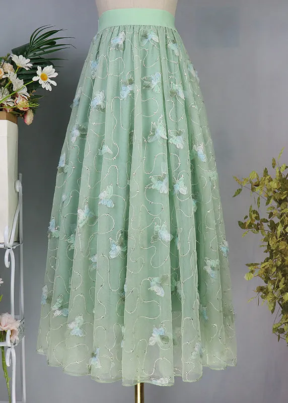 Elegant Light Green Butterfly Embroideried High Waist Tulle Maxi Skirts Spring