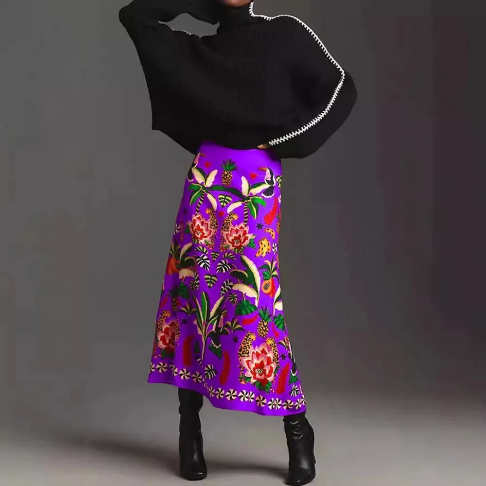 Elegant Midi Skirt Floral Printing Long Skirts