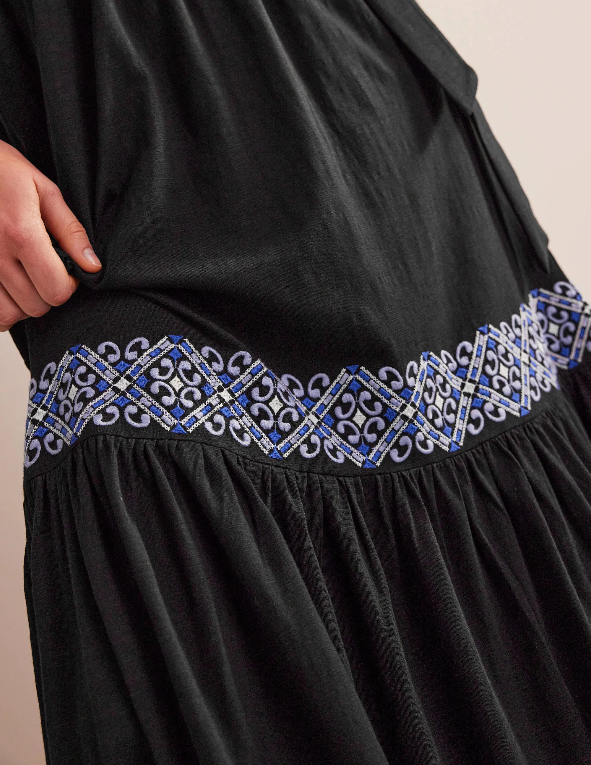 Embroidered Jersey Maxi Dress-Black