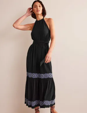 Embroidered Jersey Maxi Dress-Black