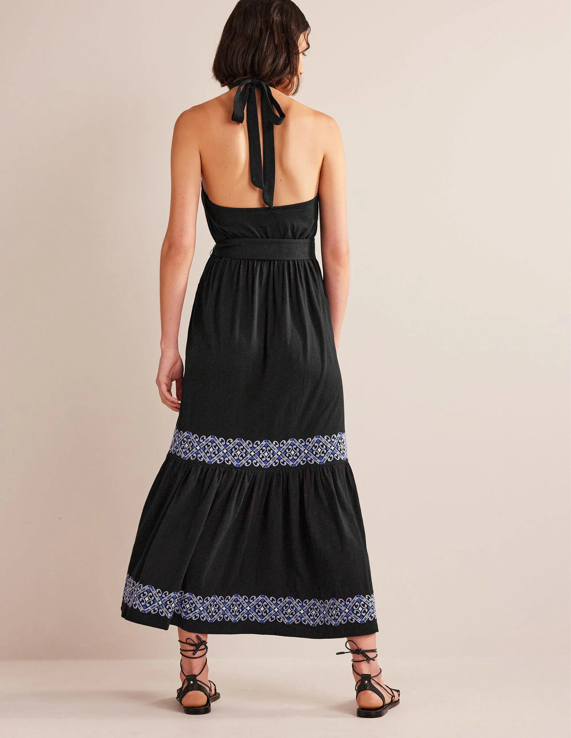 Embroidered Jersey Maxi Dress-Black