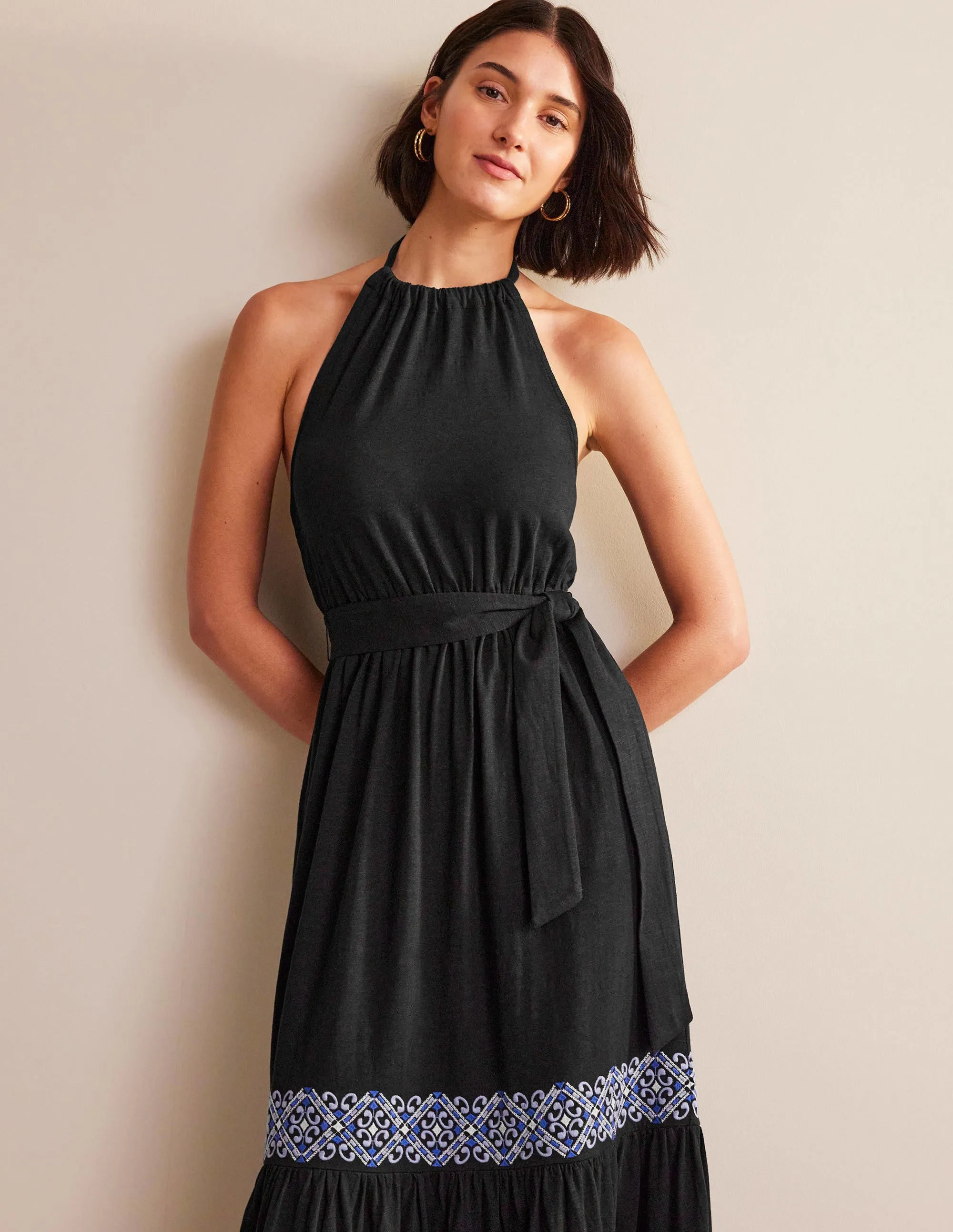 Embroidered Jersey Maxi Dress-Black