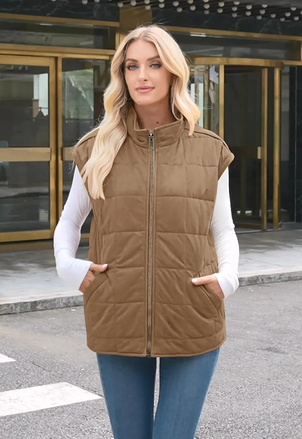 ETCYY Womens Oversized Vest Trendy Fall 2025 Sleeveless Lightweight Quilted Jacket Casual Winter Zip Up Coat Outwear